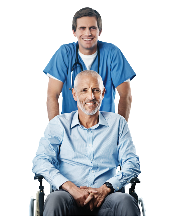 Male healthcare worker pushing older man in wheelchair