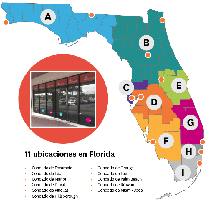 Map of AHCA Regions A-I with locations of 11 CCCs across Florida