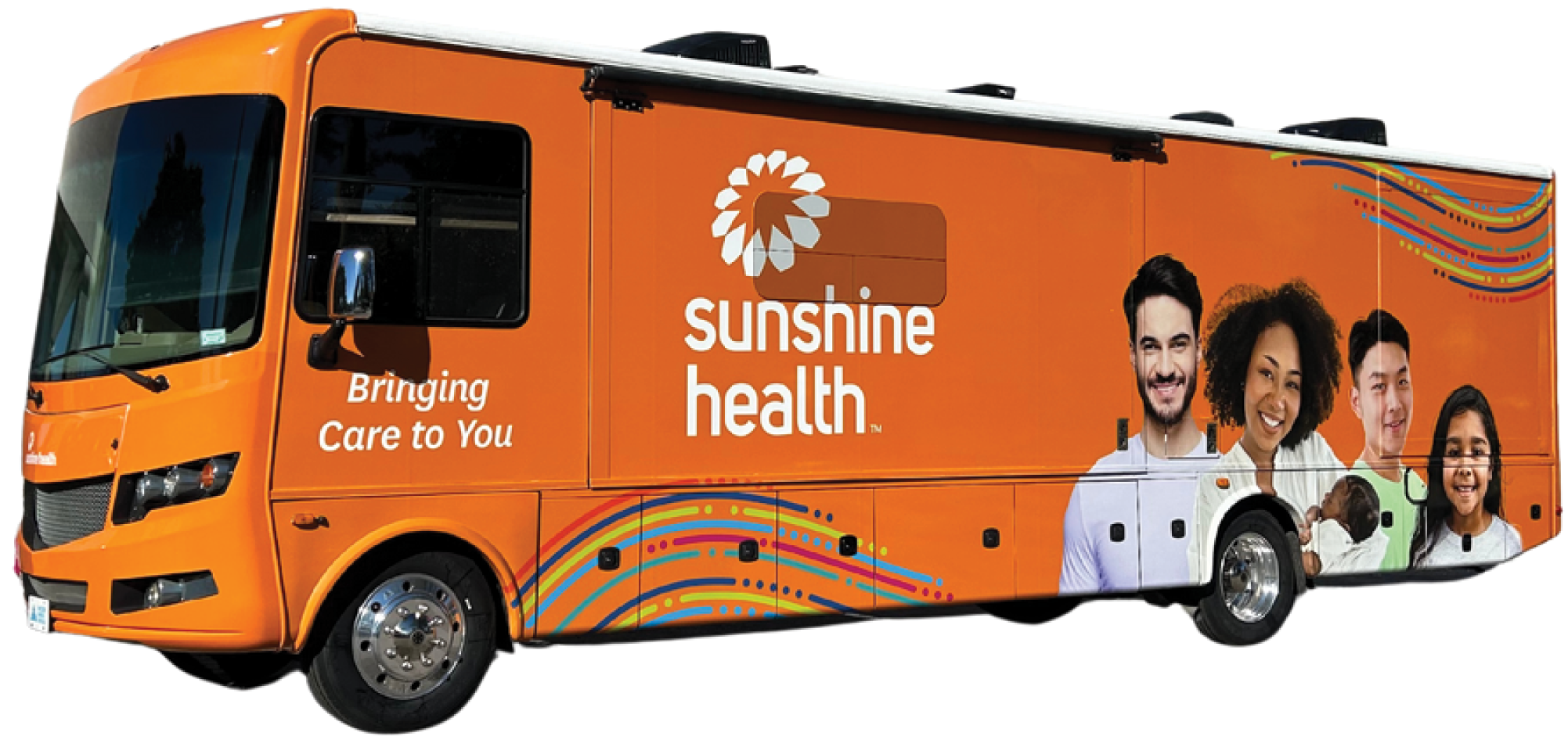 Exterior of Sunshine Health mobile clinic. Bringing Care to You.